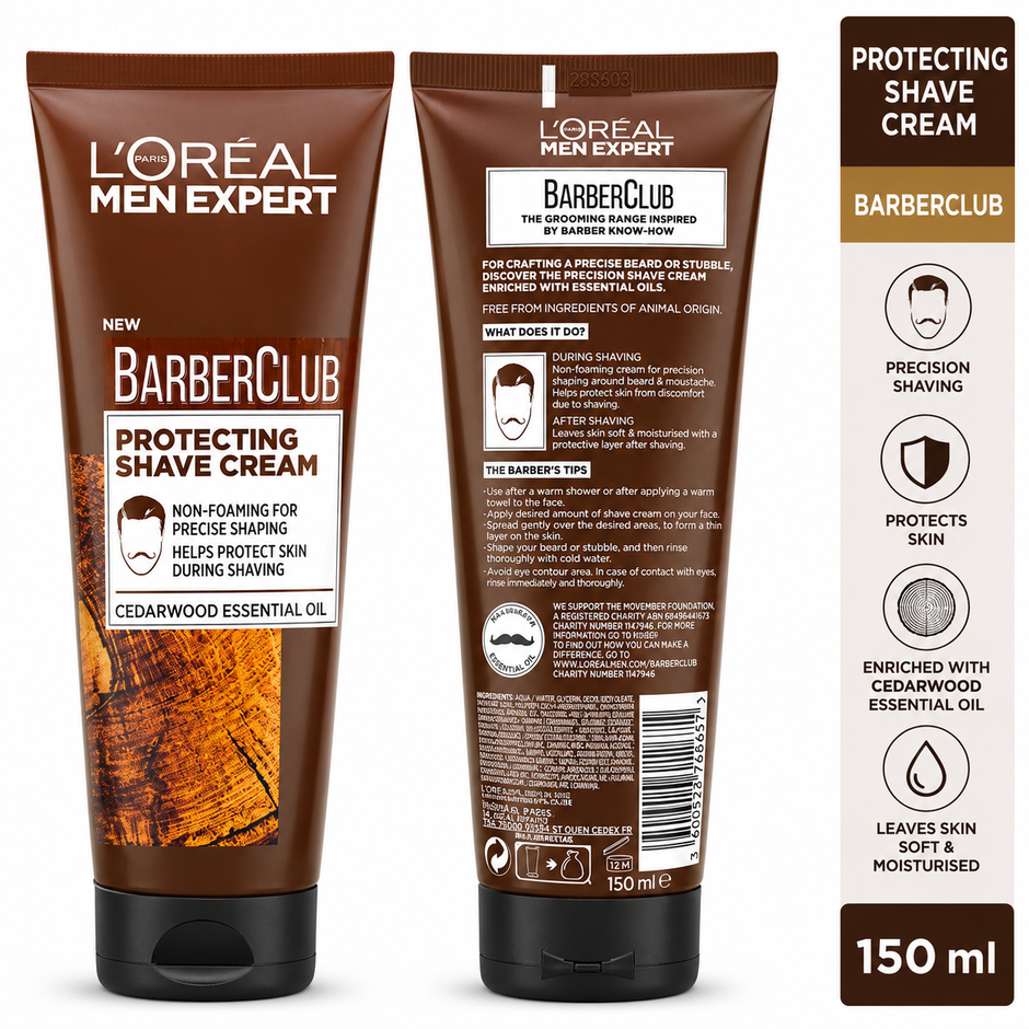 L'Oréal Men Expert Barber Club Protecting Shave Cream 150ml – Non-Foaming Precision Shaving Cream with Cedarwood Essential Oil