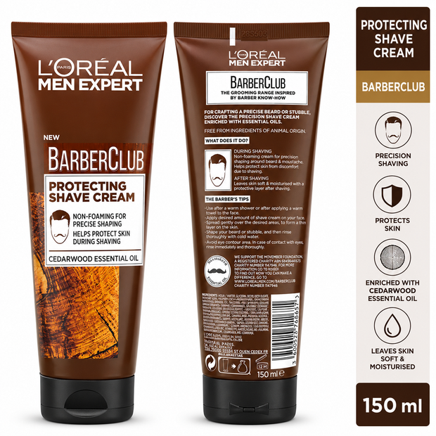 L'Oréal Men Expert Barber Club Protecting Shave Cream 150ml – Non-Foaming Precision Shaving Cream with Cedarwood Essential Oil
