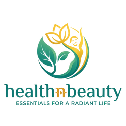 Logo for 'healthnbeauty' with a design of leaves and a person, on a white background.